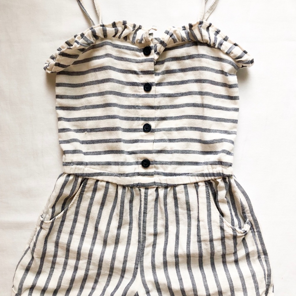 Gap striped toddler romper with ruffle and pockets